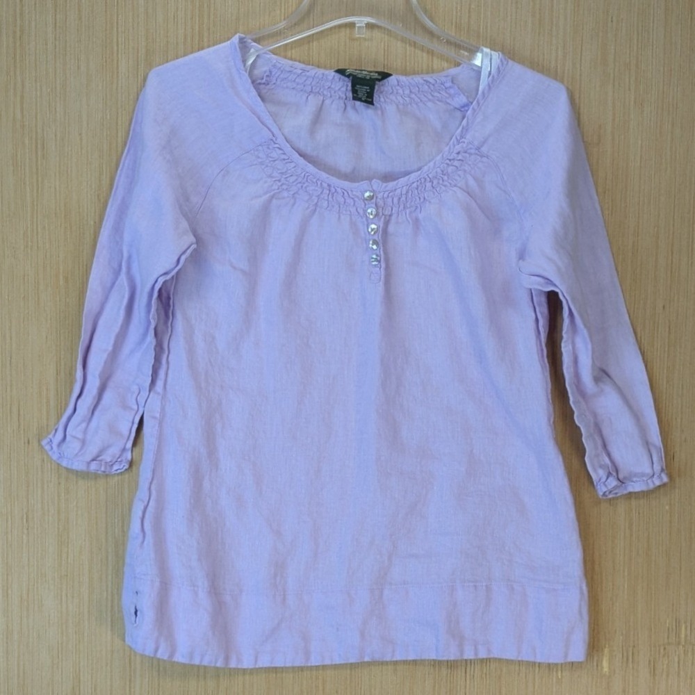 Eddie Bauer Women Boho Minimalist 100% Linen Top Size M Pastel Purple 3/4 Sleeve